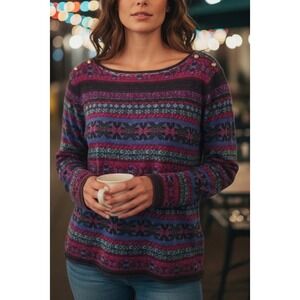 Ralph Lauren Purple Fair Isle Boat Neck Cotton Top XL Gold Buttons Lightweight